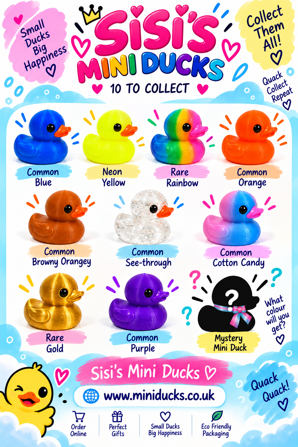 Poster showing all ten Sisi's Mini Ducks